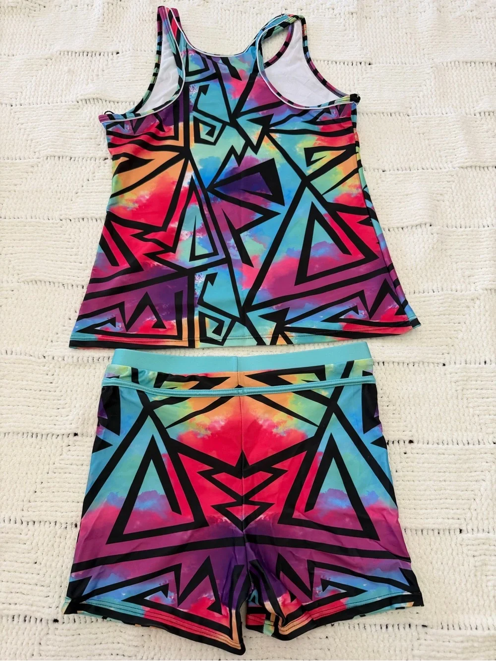 Girls 2-Piece Tankini Swimsuit Set Size 15T Colorful Geometric Swimwear